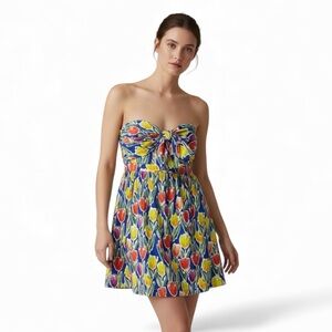 English Factory Strapless Tie Front Bustier Cotton Floral  Dress Size Large